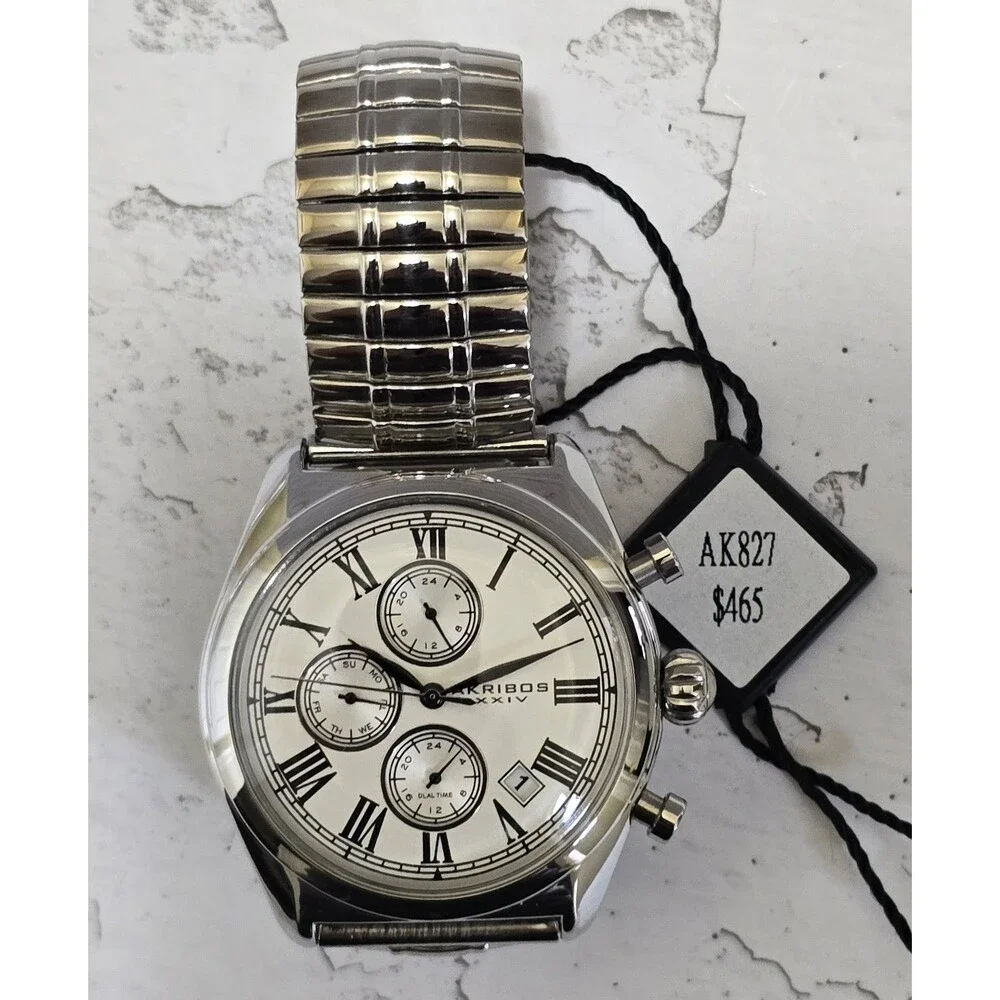 Men's Akribos XXIV AK827SS Multifunction Silver Tone Expandable Bracelet Watch